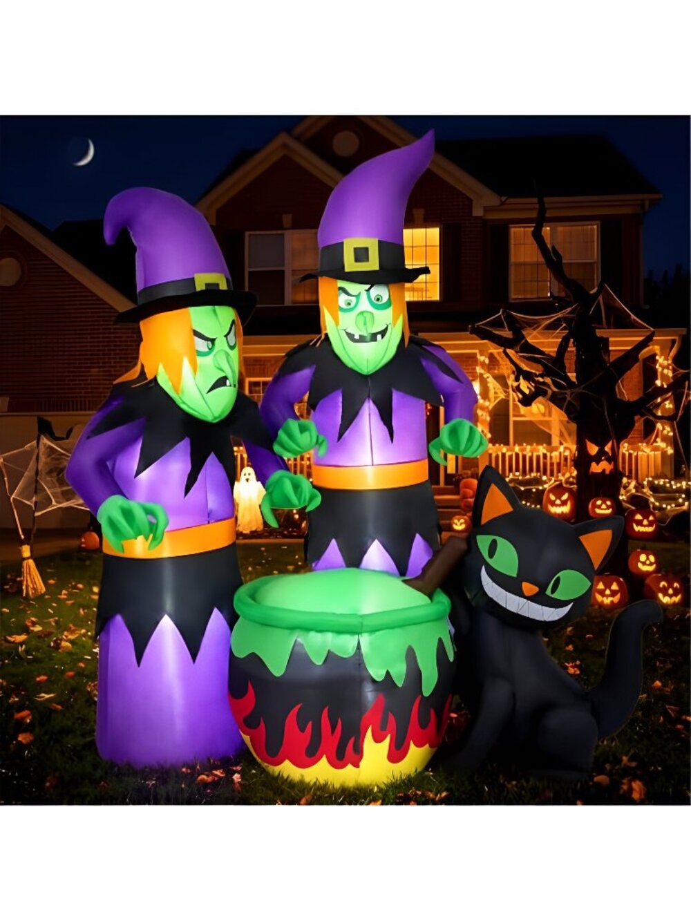 Halloween Inflatable Outdoor Decorations 2 Witches Around with Black Cat